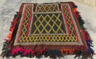 Hand Woven Vintage Afghan Dastarkhaw Suzani Wall Hanging kilim Wool Area Rug 4x4 2