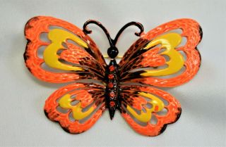 Large Vintage Orange Black Enamel Rhinestone Butterfly Pin 1960 