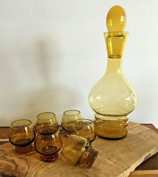 Vintage Amber Glass Etched Decanter And Shot Glass Set
