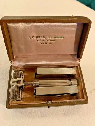 Antique A.  C.  Penn Safety Razor Set In Old Case Vintage Shaving Collectible