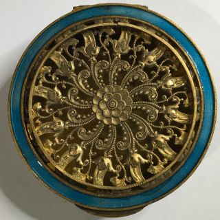 Rare Antique French Made Brass And Enamel Decorated Powder Compact Or Pill Box.