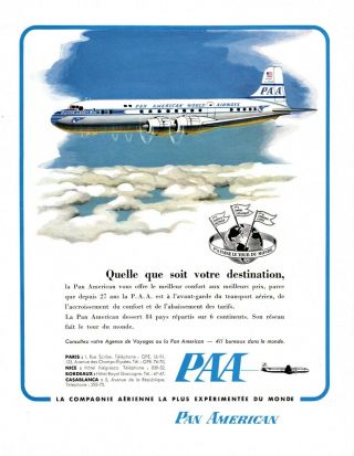 French Vintage Ad - Pan Am American Paa Airlines World Airways - 1955