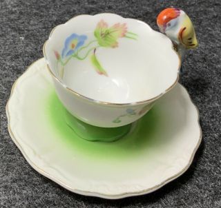 Vintage Miniature Tea Cup & Saucer Hand Painted /japan Bird Floral 22ktgold Rim