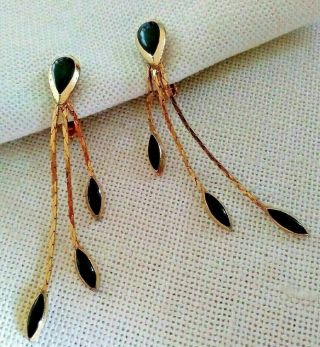 Vintage Goldtone And Black Enamel Dangle Chains Clip Earrings