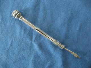 Antique Solid Silver Ornate Column Sliding Toothpick Citrine / Topaz Seal Top