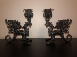 Antique Art Deco Cast Iron Dragon Candle Stick Holder Winged Griffin Set Of 2