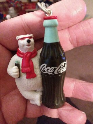 Vintage Coca - Cola Rubber Cool Polar Bear W/ Bottle Keyring Key Chain