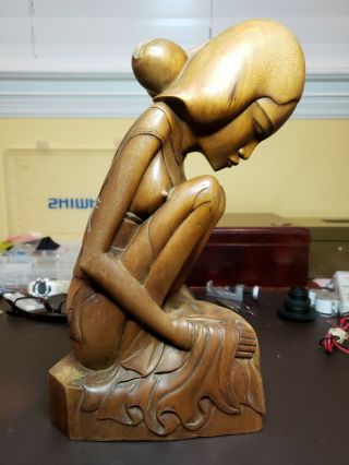 Vtg Beautifully Hand Carved Hard Wood Wooden Woman Statue 12 1/2 " Tall 4lb 5oz