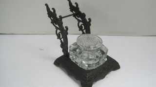 Antique Victorian Eastlake Style Cast Iron / Glass Inkwell With Pen Rest
