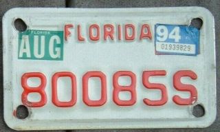 Florida Vintage 1994 Motorcycle Cycle License Plate 80085 S ^