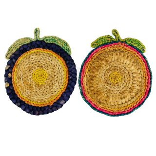 Vintage Trivets Woven Grass Natural Set Of 2 Fruit Design 7” Round Fruit Decor