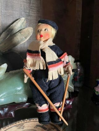 Vintage Cute Italian Lenci? 8” Felt Girl Skier Doll Lenci ? Missing One Ski