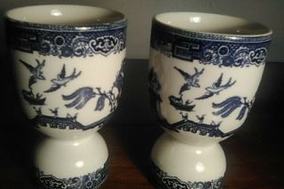 Set Of 2 Vintage Blue Willow Double Egg Cup Coddlers
