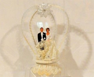 Vintage 1959 Large Composition Wedding Bride & Groom Wedding Cake Topper & Box