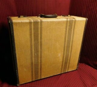 Vintage Large Brown Striped Tweed Suitcase 1930 