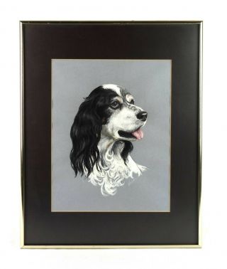 Vintage Mid Century Pastel Oil Portrait Of Dog English Cocker Spaniel Signed