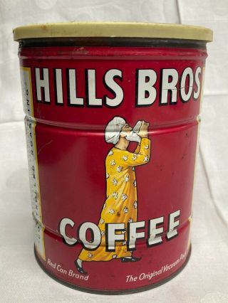 Vintage Hills Bros Coffee Rustic Tin Can 2 Lbs Red Can Brand - Rare Can With Lid
