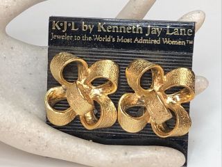 Vintage Signed Kjl Kenneth Jay Lane Gold Tone Ribbon Bow Clip On Earrings
