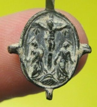 Antique St Carlos Borromeo & Crucifixion Of Christ Religious Medal Pendant 16th