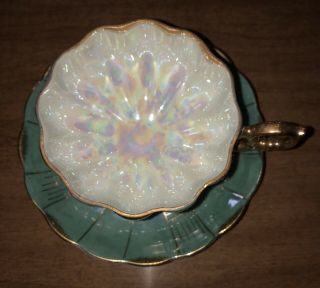 VINTAGE ROYAL SEALY CHINA JAPAN FOOTED TEA CUP AND SAUCER IRIDESCENT,  MINT& GOLD 2