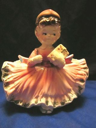 Vintage Ceramic Little Girl Wearing A Fancy Pink Dress Planter Figurine 4j4595