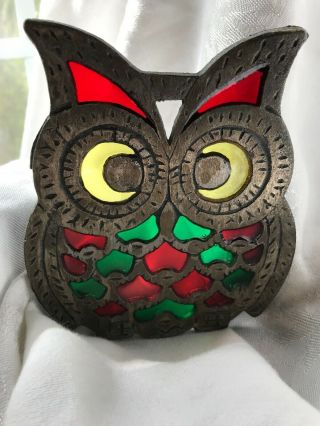 Vintage Footed Cast Iron Metal Stained Glass Owl Trivet Wall Hang Art 5”