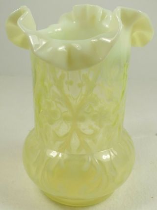 Antique Northwood Vaseline Opalescent Glass Spanish Lace Celery Vase Circa 1890