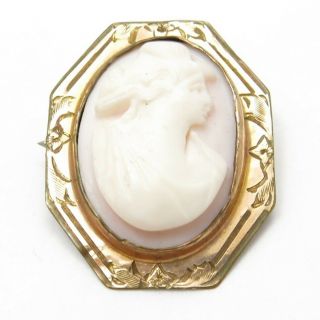 Vintage Gold Filled Light Pink Carved Shell Cameo Etched Octagonal Brooch Pin