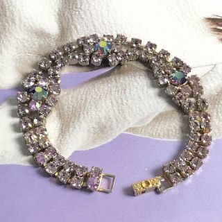 Vintage Ab Pink Rhinestone Prong Set Gold Tone Bracelet Aurora Borealis 1950s