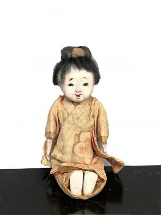 Antique Japanese Ichimatsu Gofun Doll 6” Tall Bisque Doll With Glass Eyes