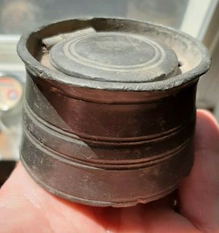 Pewter Antique Hinge Top Inkwell With Porcelain Insert 5 Quill Holes