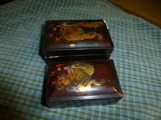 Vintage Black Lacquer Nesting Trinket Box Set Of 2 W/hand Painted Chinese Dragon