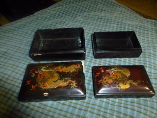 Vintage Black Lacquer Nesting Trinket Box Set Of 2 W/Hand Painted Chinese Dragon 2