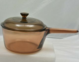 Vintage Corning Ware Visions Amber Pot Sauce Pan 1.  5 With Pyrex Lid