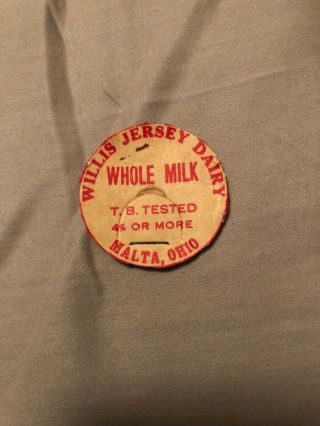 Vintage Willis Jersey Dairy Whole Milk Malta,  Ohio Milk Bottle Cap Rare