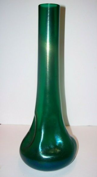 Antique Bohemian Art Glass Green Iridescent Pinched Vase Kralik?