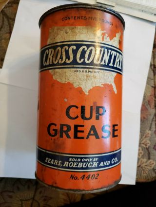 Vintage Cross Country High Cup Grease Sears Roebuck 5 Lb Tin Metal Can 4402