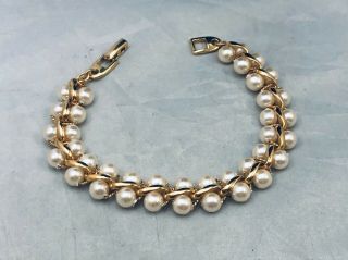 Vtg.  Napier Shiny Gold Tone & Faux Pearl 2 - Strand Bracelet