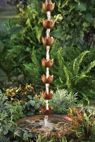 Copper Plated Rain Chain 84 " Lotus Flower Lily Pattern With Copper Hanger