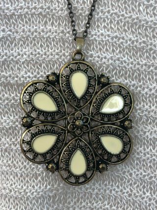 Antique Brass Pendant Long Necklace Cream Petals