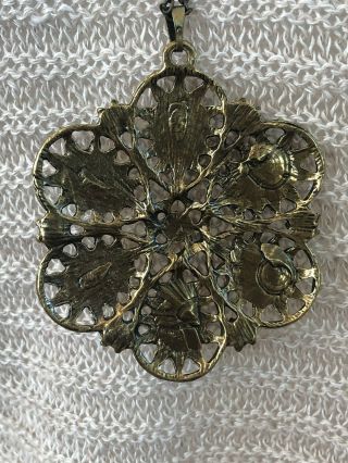 Antique Brass Pendant Long Necklace Cream Petals 3