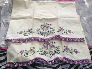 Vtg Pillowcases Embroidered Crochet Purple Edge Flowers In Basket Purple Pink