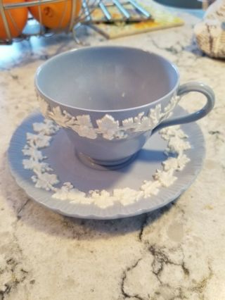 Vintage Wedgwood Embossed Queensware White On Blue Tea Cup & Saucer