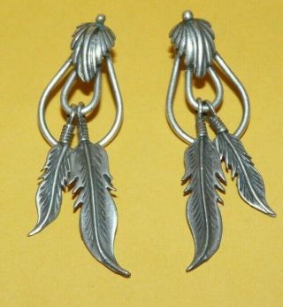 Vintage Native American Navajo Sterling Silver Earrings W/ Dangle Feather 