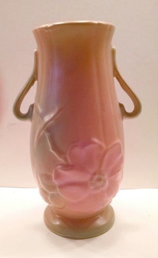 Vintage Weller Dogwood Pottery Doubled Handle Vase 6.  5 " Tall Rose/green