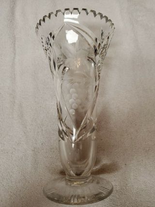 Antique Victorian Early American Patterned Glass Grapes Leaf Etched Vase