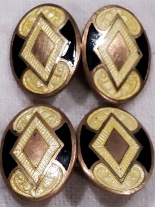 Antique Art Deco Yellow And Black Enamel On Gold Tone Oval Metal Cufflinks