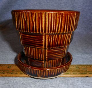 Exc Cond Vintage Mccoy Pottery Basketweave Planter Flower Pot W/ Underplate