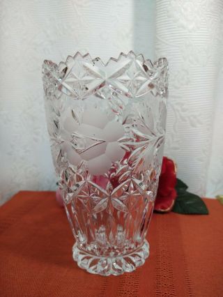 Antique American Brilliant Hand Cut 6.  5 " Clear Crystal Vase Etched Floral Rose