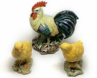 Vintage Lefton China Hand Painted 6 " Tall Porcelain Rooster Figurine,  2 Chicks